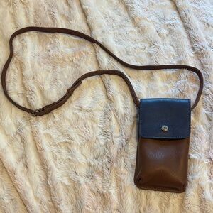 Brown and Navy Leather Crossbody Phone Pouch